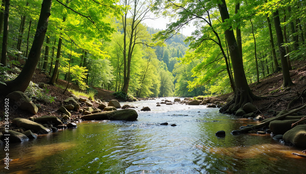 Fototapeta premium Tranquil river flowing through lush green forest, nature's serenity