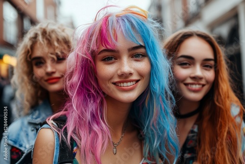 Three happy young women with dyed colorful hair are smiling
