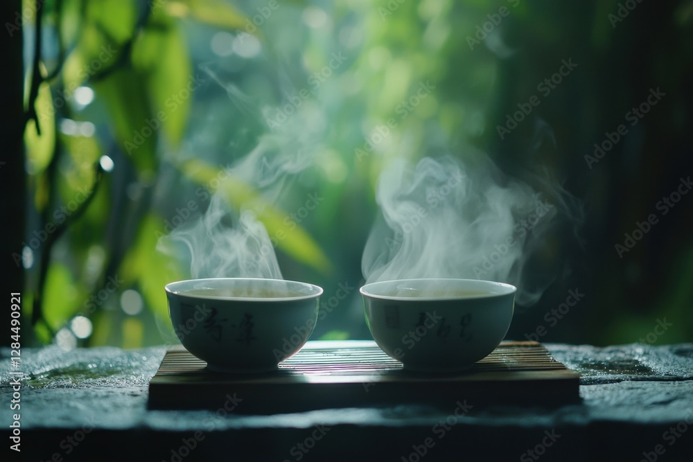 Traditional tea ceremony with steaming teacups in a tranquil garden setting.