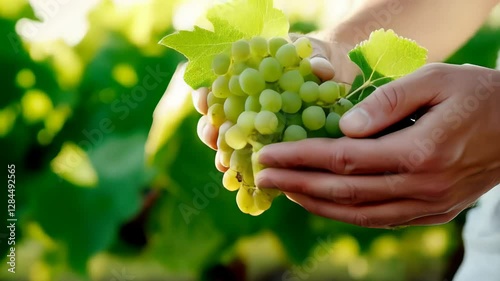 Hands holding freshly picked grapes in vineyard ripe fruit harvest time winemaking organic farming