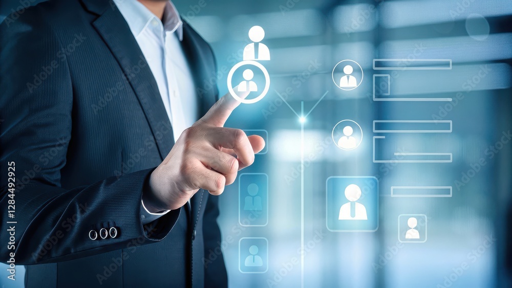 Obraz premium HR recruitment concept A businessman interacts with digital icons representing networking and user profiles.