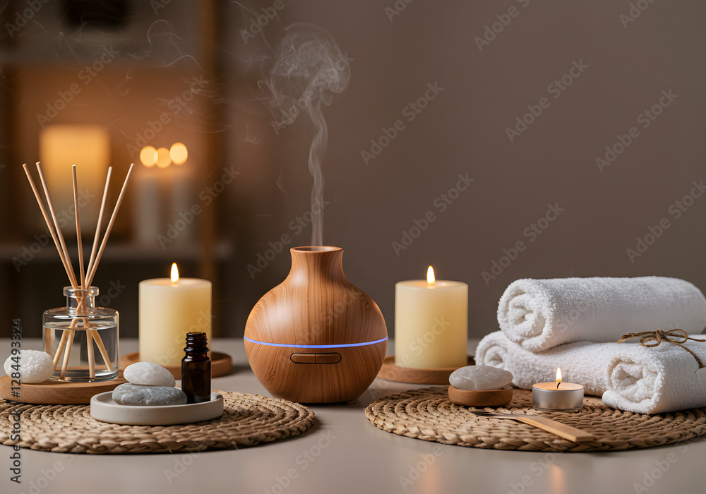 Aromatherapy Spa Setup with Diffuser, Candles, Essential Oils, and Relaxing Decor Aromatherapy Spa Setup with Diffuser, Candles, Essential Oils, and Relaxing Decor