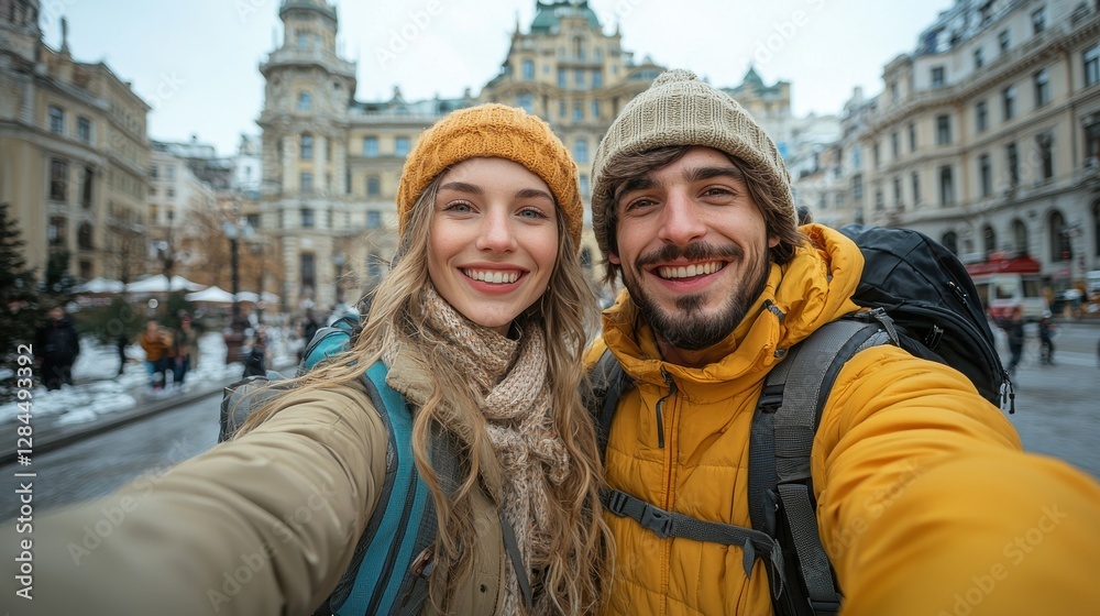 Couple enjoying a cheerful moment in the city during winter, capturing memories with a selfie in a picturesque setting Couple enjoying a cheerful moment in the city during winter, capturing memories with a selfie in a picturesque setting