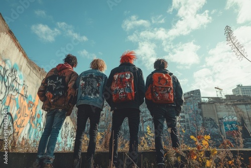 Four punk band members with customized jackets and backpacks are standing in front of a graffiti-covered wall in an urban setting