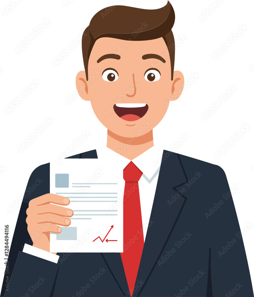 Businessman holding a document with a smile in flat vector art style