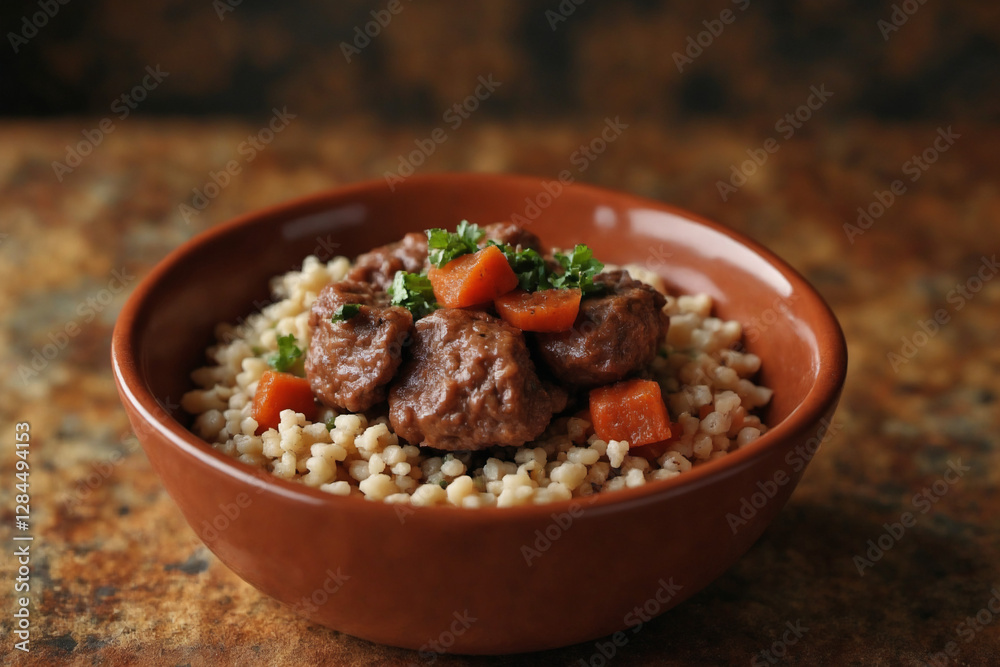 Beef stew with pearl couscous, carrots, and parsley in rustic bowl, traditional comfort dish Beef stew with pearl couscous, carrots, and parsley in rustic bowl, traditional comfort dish
