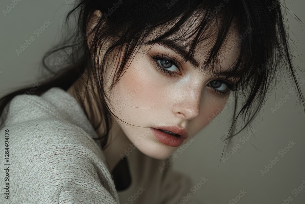 Close-up portrait of a fashion model showcasing trendy dark hair, subtle makeup, and an elegant pose, capturing a sense of modern beauty Close-up portrait of a fashion model showcasing trendy dark hair, subtle makeup, and an elegant pose, capturing a sense of modern beauty