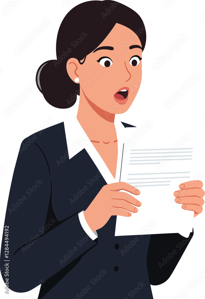 Surprised businesswoman holding a document in flat style vector art Surprised businesswoman holding a document in flat style vector art