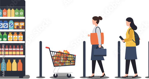 Shopping scene with women at a beverage cooler in flat vector art
