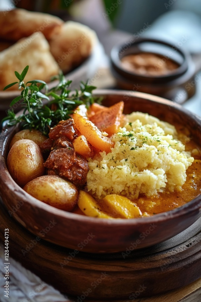 A hearty vegetable casserole with potatoes, spinach, and rice in a bowl, garnished with fresh herbs. A hearty vegetable casserole with potatoes, spinach, and rice in a bowl, garnished with fresh herbs.