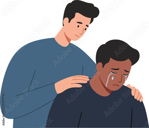 Two men sharing emotional support in flat vector illustration for mental health awareness