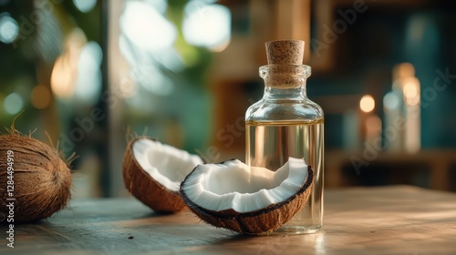 A glass bottle of mct oil with fresh coconut on a wooden table surrounded by tropical fruits and leaves