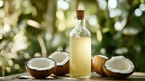 A glass bottle of mct oil with fresh coconut and two coconuts on a wooden table for healthy living