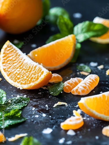 Fresh orange slices scattered on a dark surface with mint leaves presenting vibrant colors and flavors : Generative AI