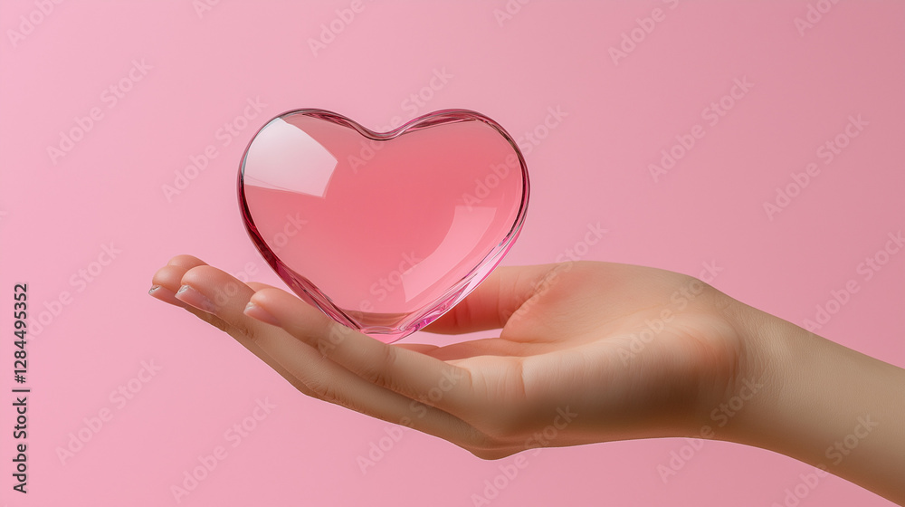 Hand Holding Pink Heart Shaped Glass Object on Pink Background for Love and Care Concepts Hand Holding Pink Heart Shaped Glass Object on Pink Background for Love and Care Concepts