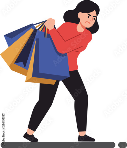 Woman carrying heavy shopping bags in flat style vector art