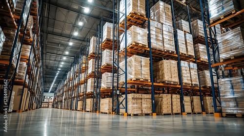 Large warehouse interior with high racking systems holding neatly stacked pallets in a business setting