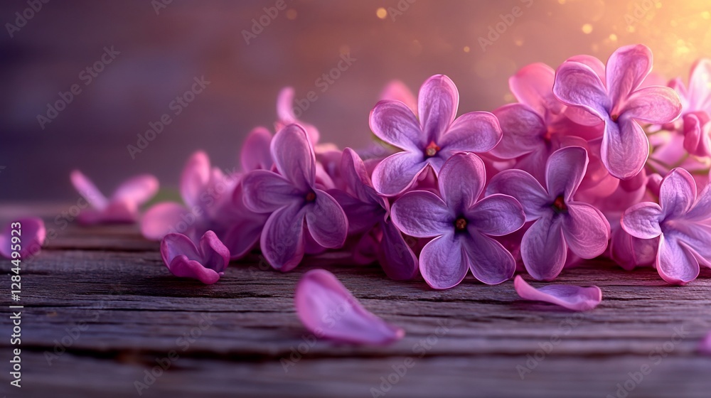 Fototapeta premium Lilac blossoms on rustic wood, soft light background. Use Floral background, greeting card