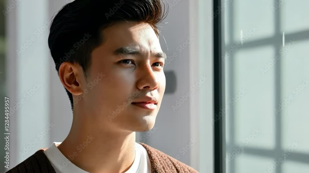 Calm reflection of a young man gazing through sunlit window serene, thoughtful, and peaceful moments Calm reflection of a young man gazing through sunlit window serene, thoughtful, and peaceful moments