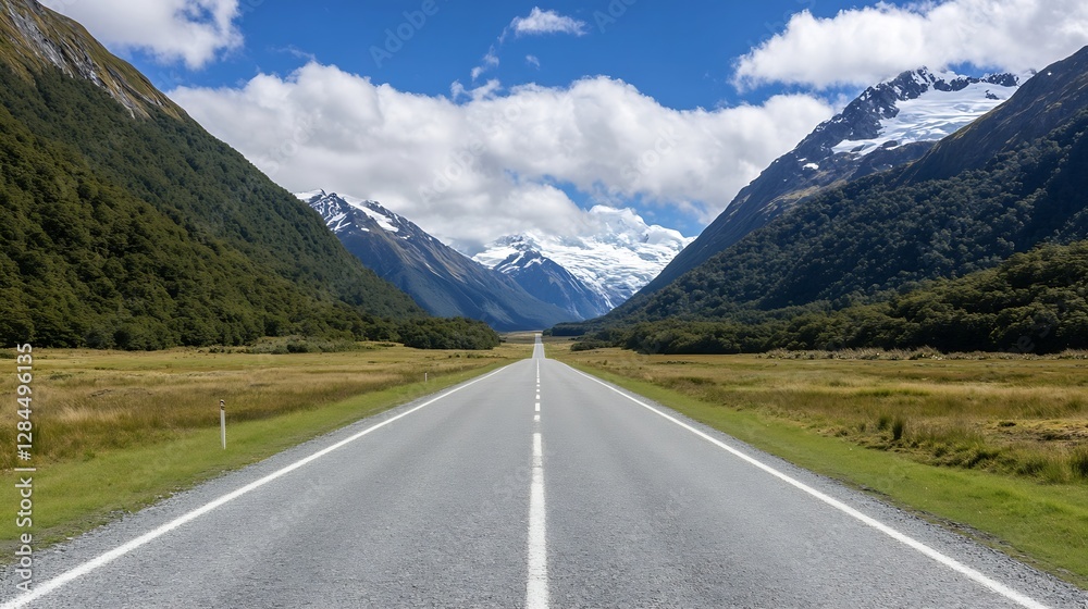 Naklejka premium Breathtaking Long Straight Road Framed by Lush Green Valleys and Snowy Mountain Peaks Under a Clear Blue Sky : Generative AI