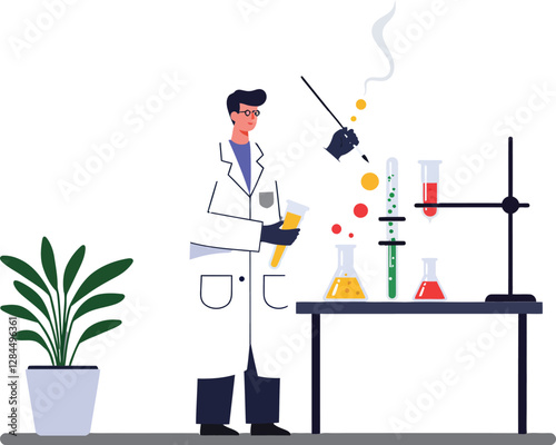 Scientist conducting experiments in laboratory with colorful liquids in flat vector illustration