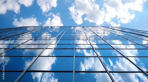 Impressive view of tall glass building reaching towards a vibrant blue sky adorned with fluffy clouds : Generative AI photo