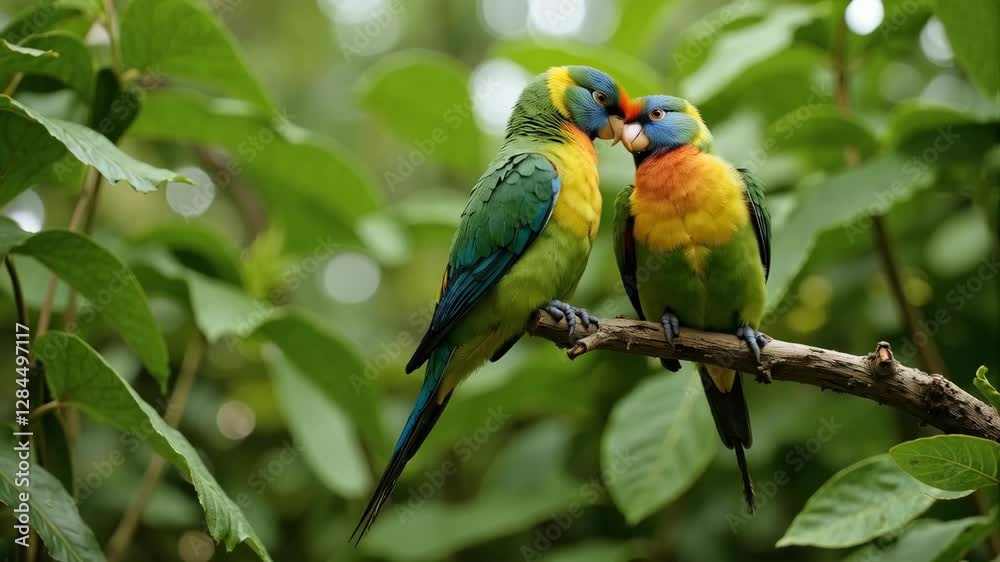 Two parrots are sitting on a branch in a lush green forest Two parrots are sitting on a branch in a lush green forest