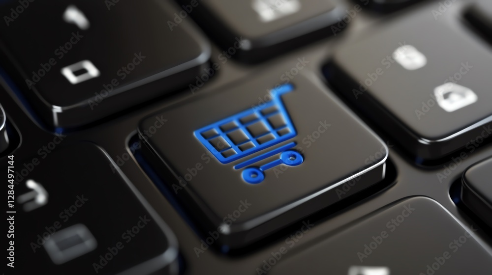 Close-up of a keyboard key depicting a shopping cart, emphasizing online shopping and e-commerce convenience in the digital age. Close-up of a keyboard key depicting a shopping cart, emphasizing online shopping and e-commerce convenience in the digital age.