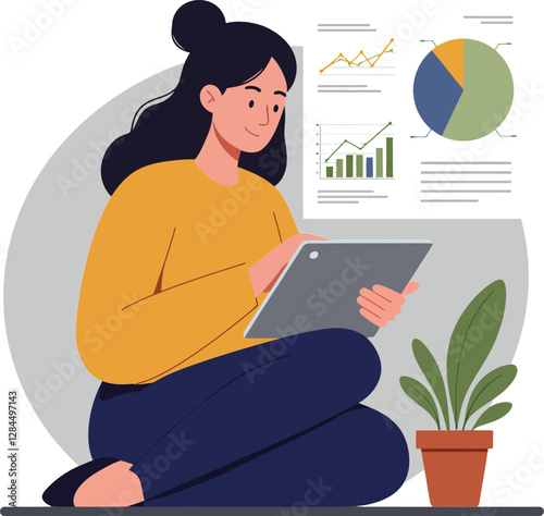 Woman using tablet in modern workspace with charts and plant flat vector art
