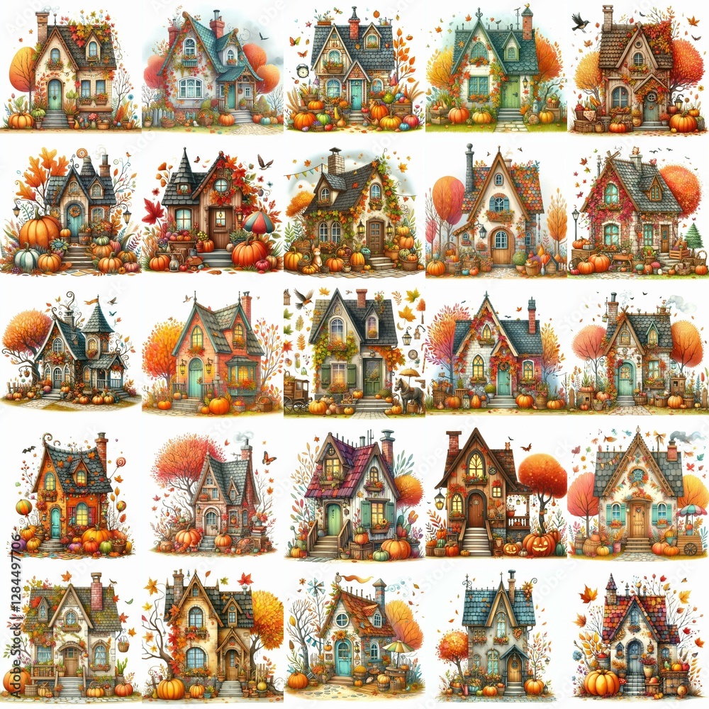 Naklejka premium Watercolor Autumn House. AI generated illustration