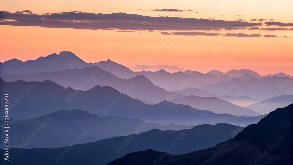 Golden Sunrise Over Majestic Mountain Peaks with Soft Misty Layers Golden Sunrise Over Majestic Mountain Peaks with Soft Misty Layers