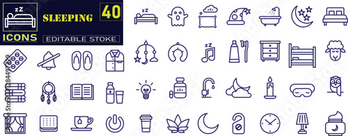 Set of  outline icons related to sleeping . bedroom, dream, pillow, bed, alarm clock, insomnia, night, rest and sleep disorders icons.