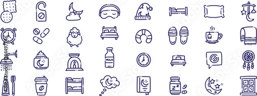 Set of  outline icons related to sleeping . bedroom, dream, pillow, bed, alarm clock, insomnia, night, rest and sleep disorders icons.