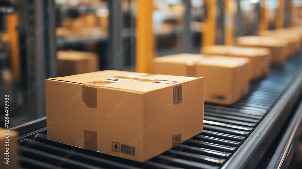 A close-up view of cardboard boxes moving along a conveyor belt in a warehouse. The efficient sorting and packaging represent modern logistics and supply chain management. A close-up view of cardboard boxes moving along a conveyor belt in a warehouse. The efficient sorting and packaging represent modern logistics and supply chain management.