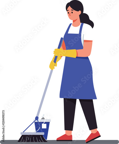 Cleaning woman in blue apron with broom flat vector illustration
