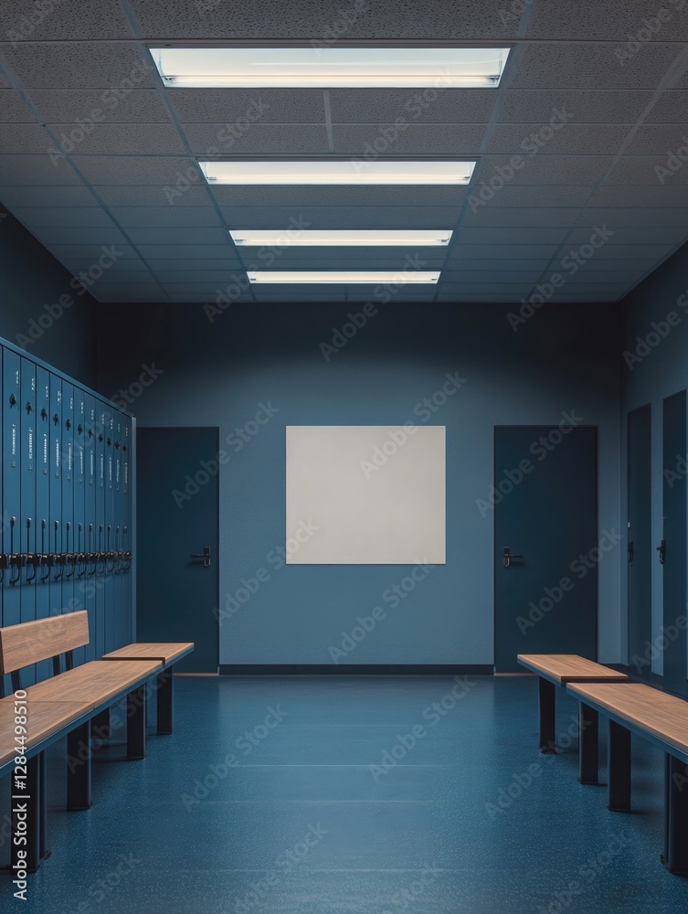 Fototapeta premium An empty classroom with lockers, blackboard, and whiteboard. Wooden benches for seating. No students or teachers visible.