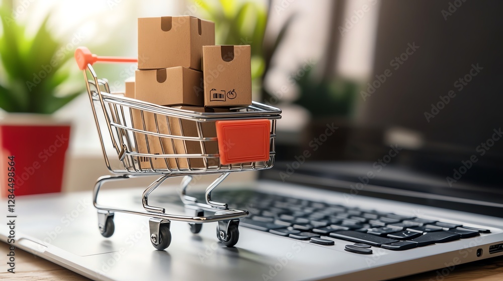 A miniature shopping cart filled with cardboard boxes rests on a laptop keyboard, symbolizing online shopping and e-commerce in a modern digital landscape, enhanced by green plants A miniature shopping cart filled with cardboard boxes rests on a laptop keyboard, symbolizing online shopping and e-commerce in a modern digital landscape, enhanced by green plants