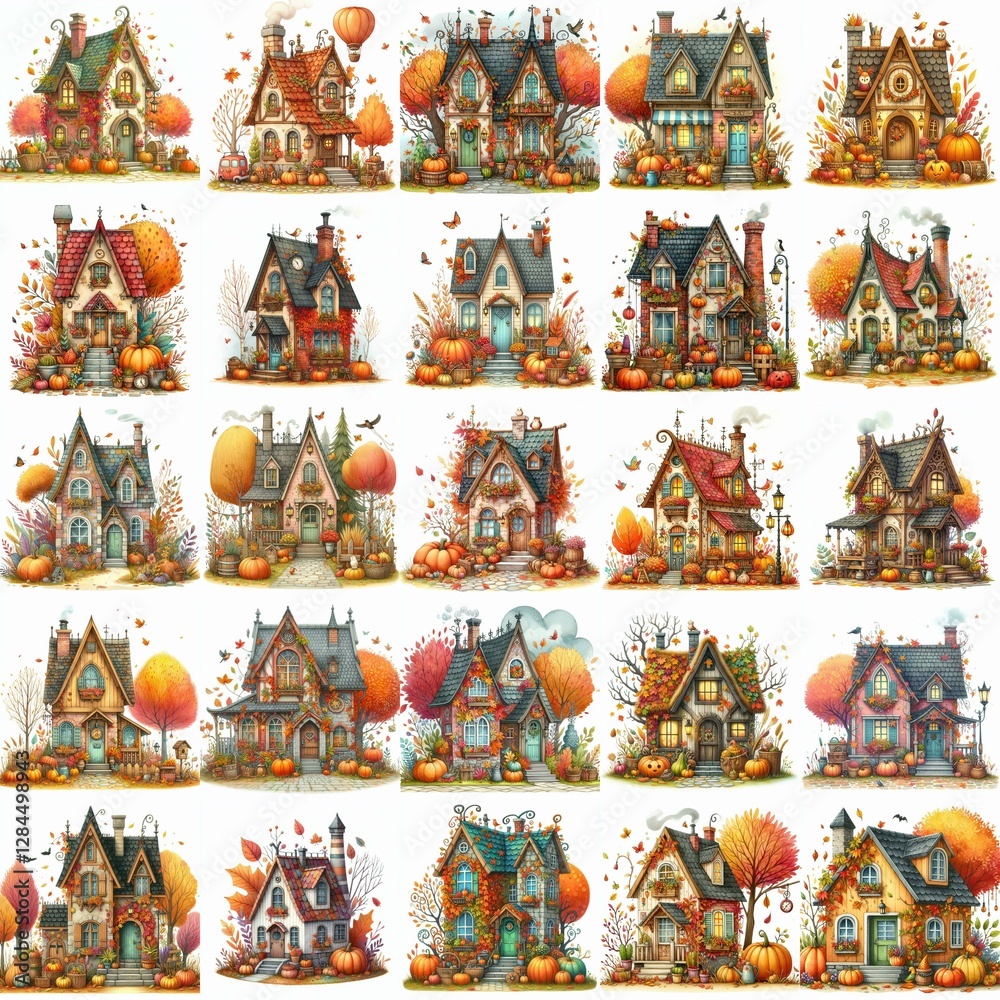 Naklejka premium Watercolor Autumn House. AI generated illustration