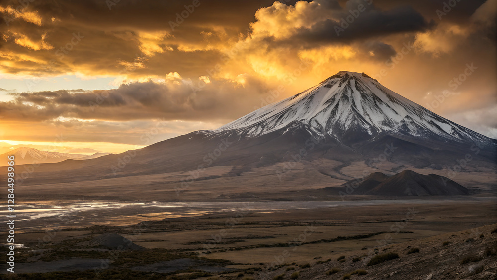 Snow-Capped Volcano at Sunset with Golden Clouds and Vast Rugged Terrain