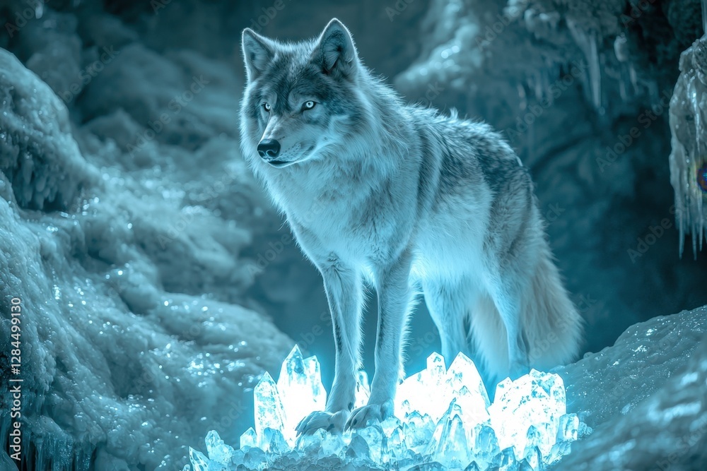 Obraz premium Majestic white wolf in an enchanted frozen cave illuminated by blue light.