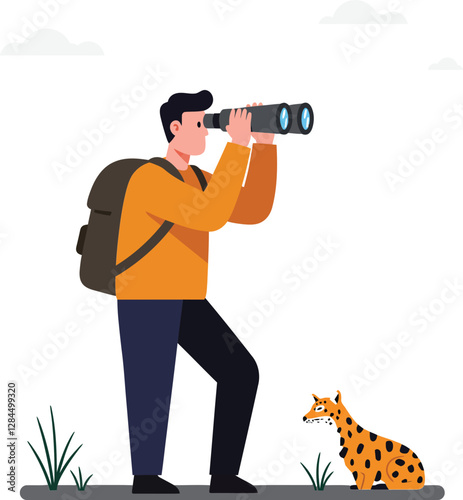 Man observing wildlife with binoculars in flat vector art style illustration