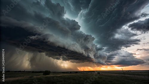 Massive Supercell Storm with Dark Rotating Clouds and Heavy Rain Over Open Landscape