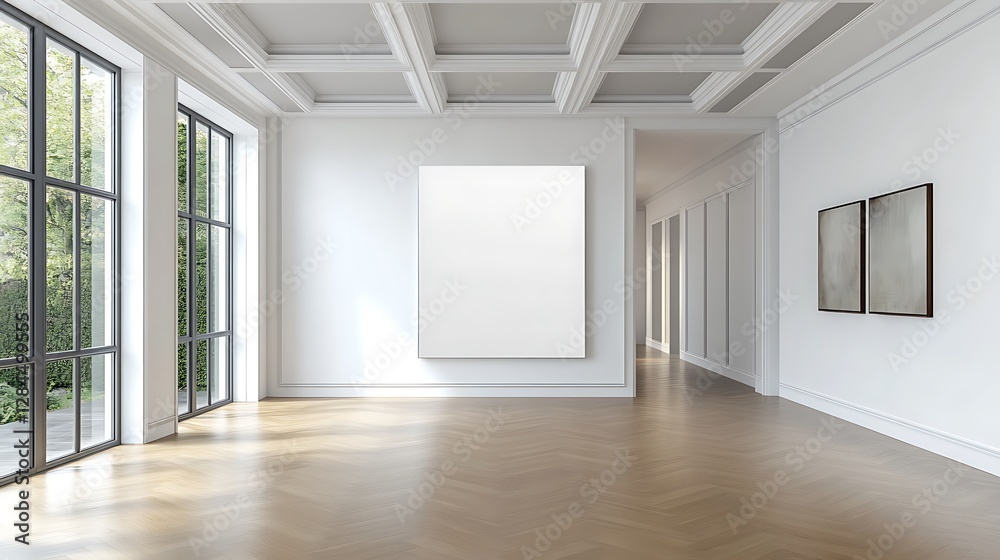 Fototapeta premium Sunlight Streaming into a Modern Gallery Interior with Blank Canvas AI Generated