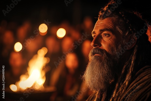 Elder storyteller engaged in a vibrant narrative by the fire during a night gathering in a forest community photo
