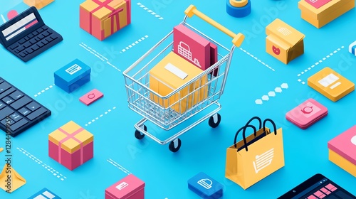 A vibrant and colorful illustration of an online shopping experience featuring a shopping cart surrounded by various packages and shopping bags on a bright blue background.
