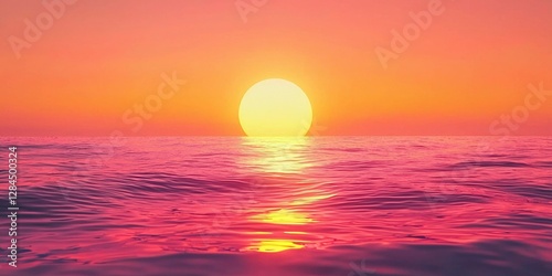 A pink sunset over the ocean, with the sun and its reflection on the water surface