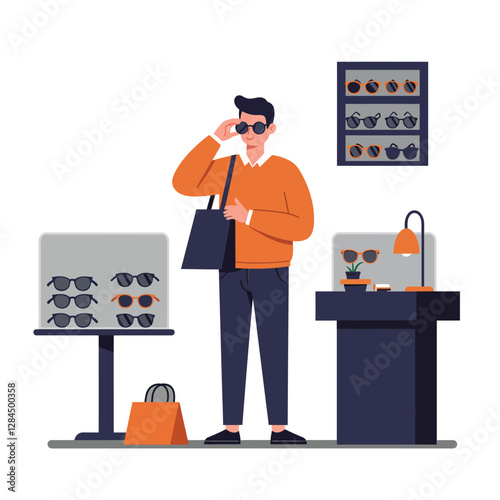 Person trying on sunglasses in a sleek, minimal style vector art
