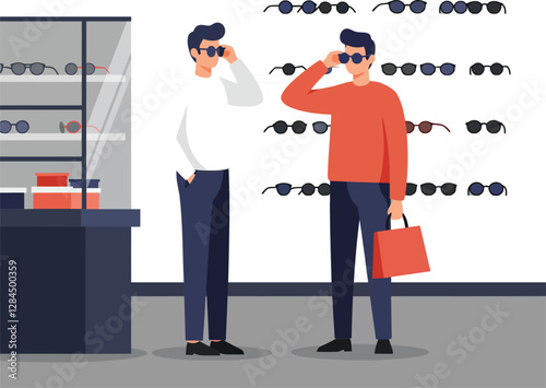 Two men trying on sunglasses in a flat minimal vector illustration