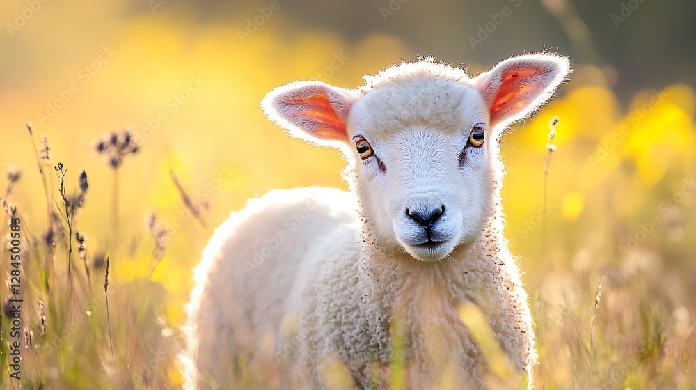 Fototapeta premium Adorable fluffy lamb with curious eyes standing in a golden field during a sunny day capturing innocence and charm : Generative AI