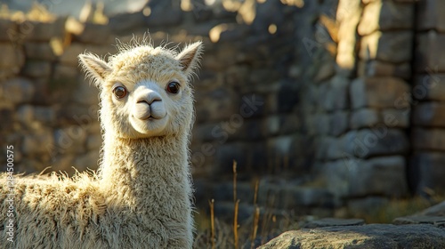 Baby Alpaca in Inca Ruins at Ollantaytambo in Cusco